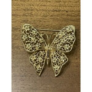 Vintage Goldtone Filigree Butterfly Brooch 2"